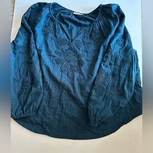 J. Jill Teal Cotton Embroidered Long sleeved Blouse
